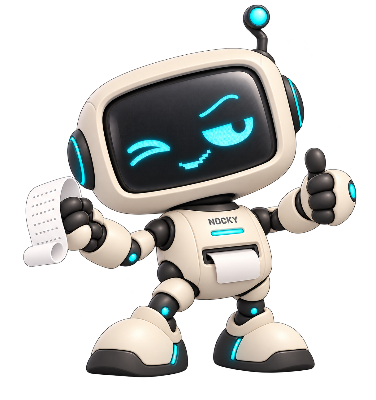 Nocky, a cream robot with glowing cyan eyes, winking and giving a thumbs-up
